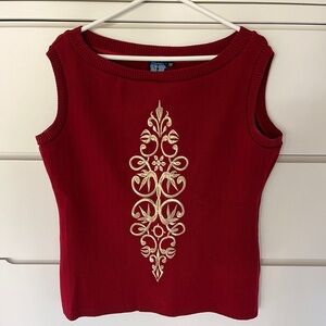 Elhoffer Design Red Galactic Queen Embroidered Shell Sleeveless Sweater Gold